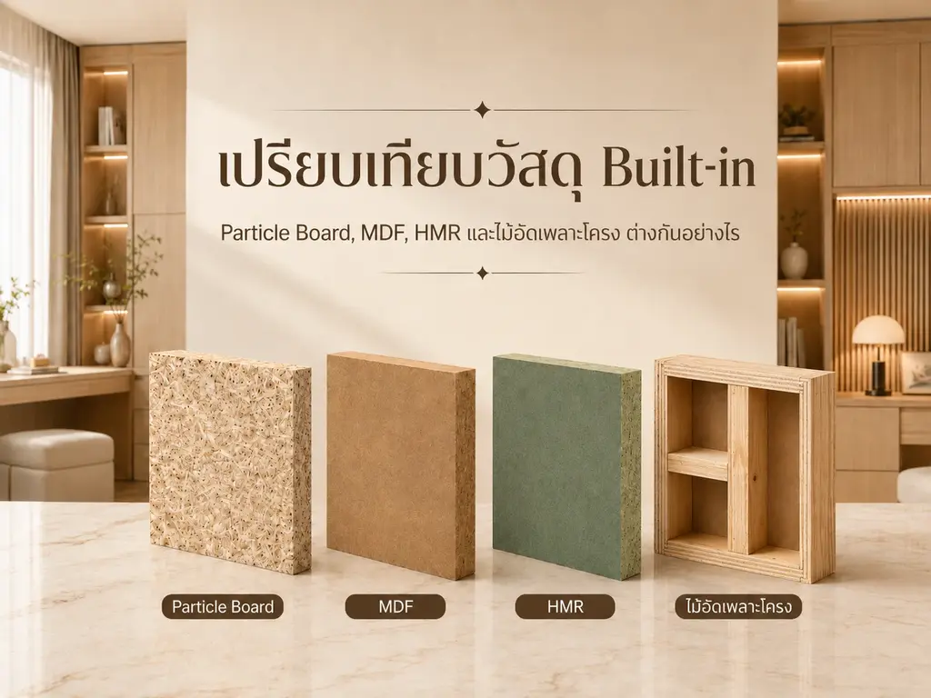 เปรียบเทียบวัสดุบิวท์อิน Particle Board MDF HMR และไม้อัดเพลาะโครง